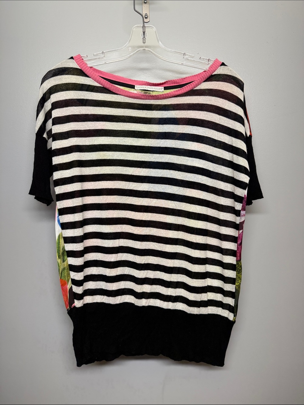 Didier Parakian Black & White Striped Short Sleeve Knit Top with Colorful Back